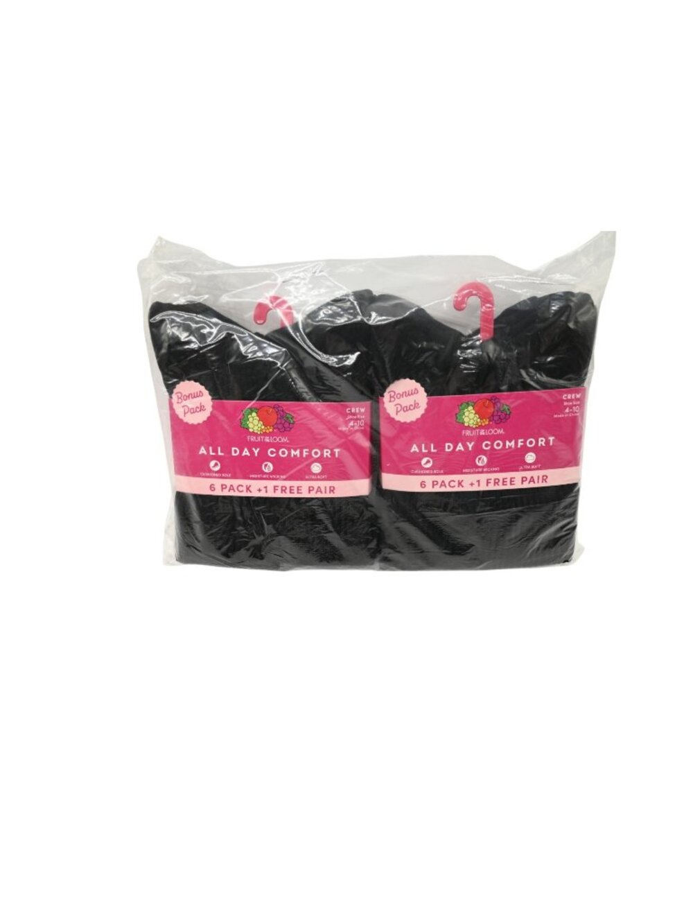 NIP Fruit of the Loom Lot of 2 7 Pack All Day Comfort Crew Socks Sz 4-10 Black